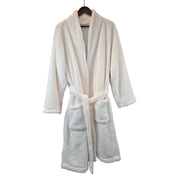 Pottery Barn Teddy Bear Plush Soft Robe Pockets Tie Closure White Womens Small - Picture 9 of 9